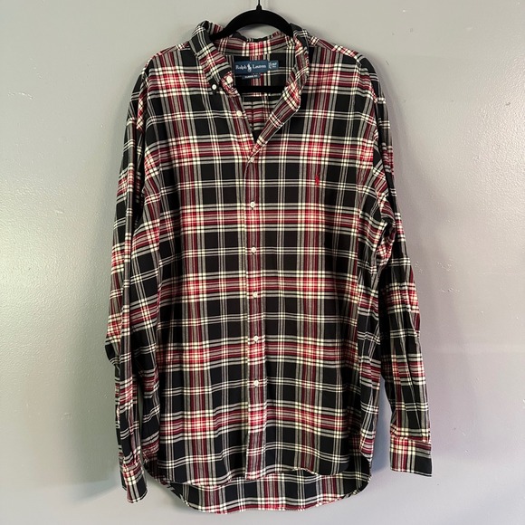 RALPH LAUREN 90s PLAID LONG SLEEVE BUTTON DOWN SHIRT BLACK RED CREAM 2XLT - Picture 1 of 8